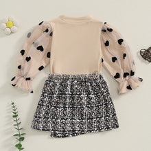 Load image into Gallery viewer, Toddler Kids Girls 2Pcs Fall Outfit Heart Pattern Mesh Long Sleeve Top and Plaid Mini Skirt Set
