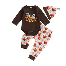 Load image into Gallery viewer, Baby Boys Girls 3Pcs Thanksgiving Outfits Long Sleeve Bodysuit Turkey Pants Hat Set
