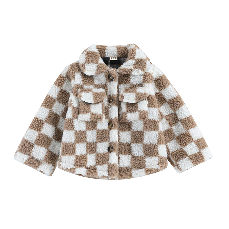 Baby Toddler Girls Plaid Checkered Fleece Coat with Turn-Down Collar Long Sleeves Button-Down Closure and Sherpa Lining - Stylish Winter Outerwear