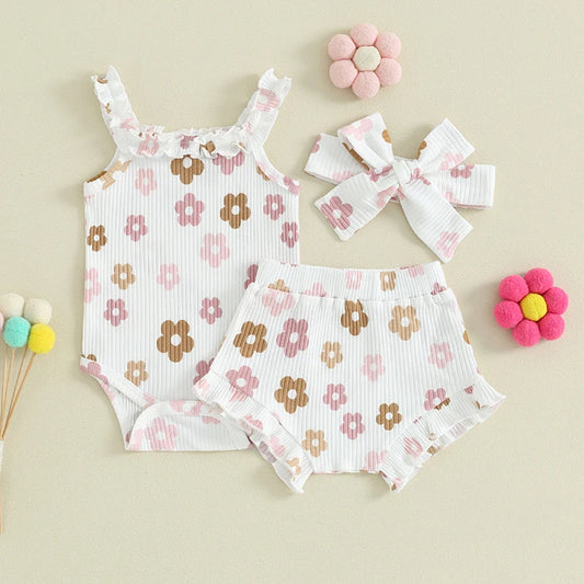 Baby Girl 3Pcs Floral Flower Print Sleeveless Tank Top Romper Bodysuit Ruffle Bloomer Shorts Headband Bow Outfit Set