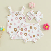 Load image into Gallery viewer, Baby Girl 3Pcs Floral Flower Print Sleeveless Tank Top Romper Bodysuit Ruffle Bloomer Shorts Headband Bow Outfit Set
