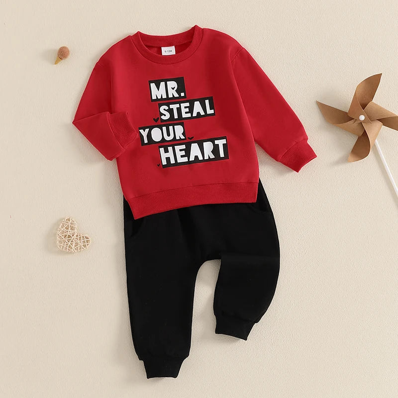 Baby Toddler Boys 2Pcs Mr. Steal Your Heart Outfit Long Sleeve Letters Print Crewneck Top with Pants Valentine’s Day Jogger Set