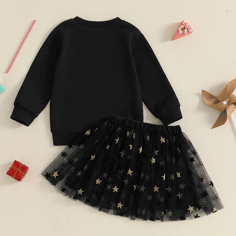 Toddler Kids Girl 2Pcs New Years Cheers Skirt Outfit Letter Embroidery Long Sleeve Top Glitter Star Print Tulle Skirt Clothing Set
