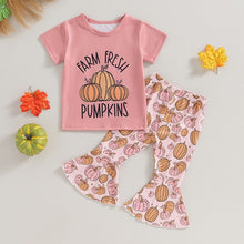 Load image into Gallery viewer, Baby Toddler Girls 2 Pcs Halloween Sets Short Sleeve Letter Pumpkin Print Tops Flared Pants Sets
