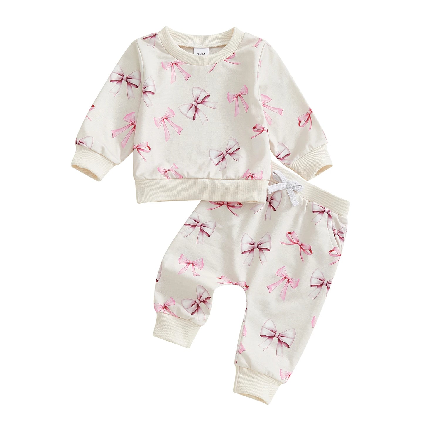 Baby Toddler Girls 2Pcs Spring Outfits Bow Print Long Sleeve Round Neck Pullover Top Elastic Waist Long Pants Jogger Set