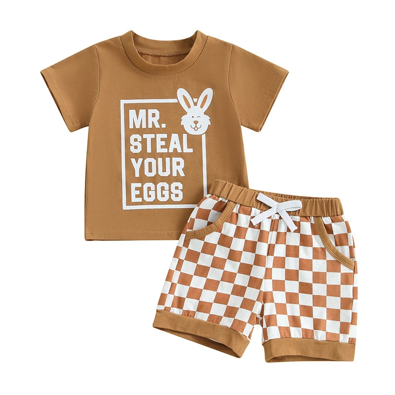 Baby Toddler Boys 2Pcs Mr. Steal Your Eggs Easter Outfit Letter Bunny Rabbit Short Sleeve T-Shirt Top Checkered Shorts Spring Set