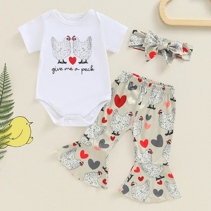 Baby Girls 3Pcs Give Me A Peck / Professional Chicken Chaser Short Sleeve Romper Chicken Print Flared Pants Headband Set Outfit