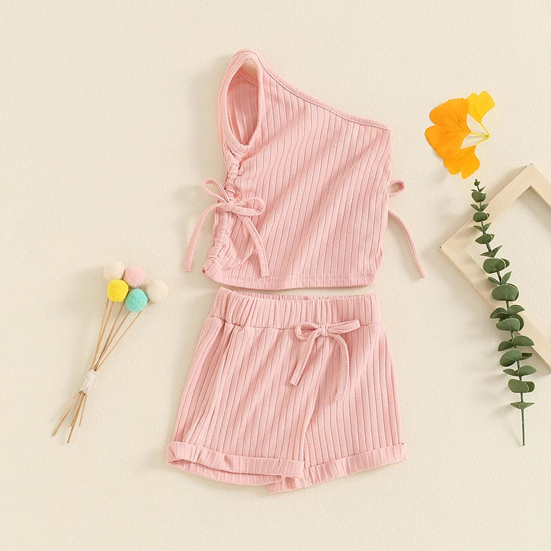 Baby Toddler Girls 2Pcs Summer Outfit Solid Color One Shoulder Strap Drawstring Ribbed Tank Top Shorts Matching Set