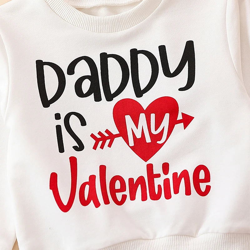 Baby Toddler Girl 2Pcs Valentine's Day Outfit Letter Daddy's Valentine Print Top Heart Knee Long Pant Clothes Set