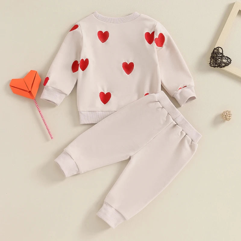 Baby Toddler Kids Girl 2Pcs Valentine's Day Outfits Long Sleeve Pullover Heart Print Top Pants Set Clothes