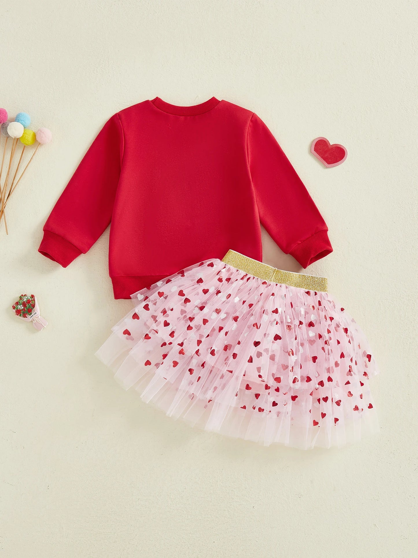Baby Toddler Girls 2 Pcs XOXO Outfits Bow Letter Embroidery Long Sleeve Crew Neck Top and Heart Patterned Elastic Waist Tulle Tutu Skirt Set