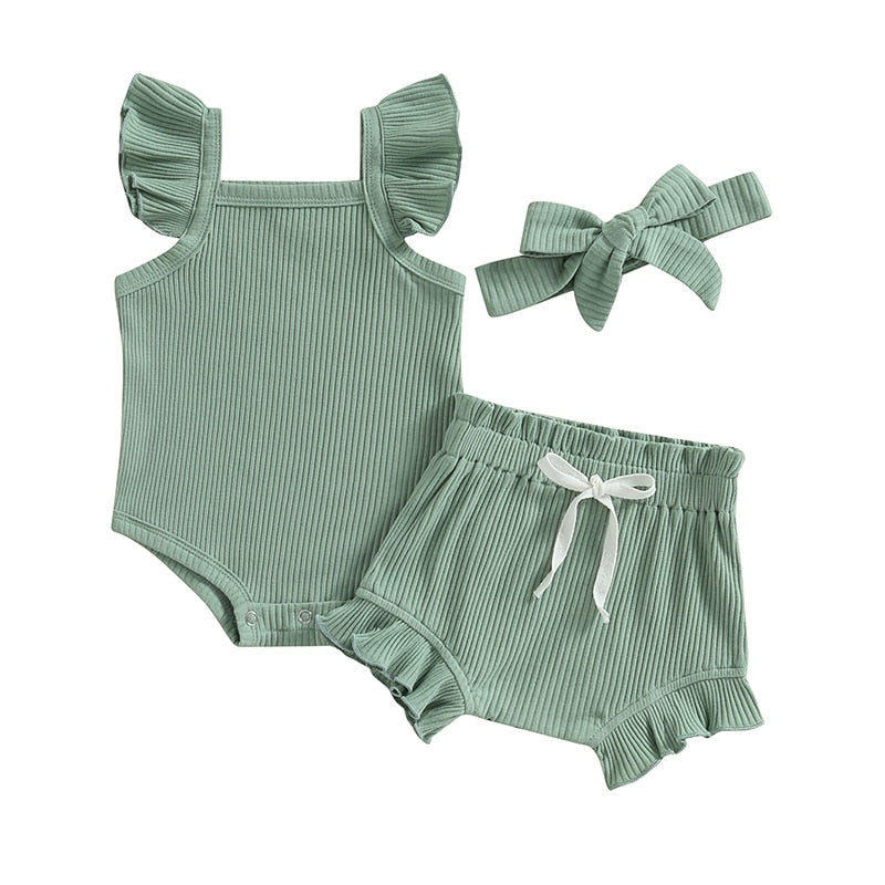 Baby Toddler Girls 3Pcs Flutter Sleeve Solid Romper Tops Drawstring Short Pants Headband Outfit