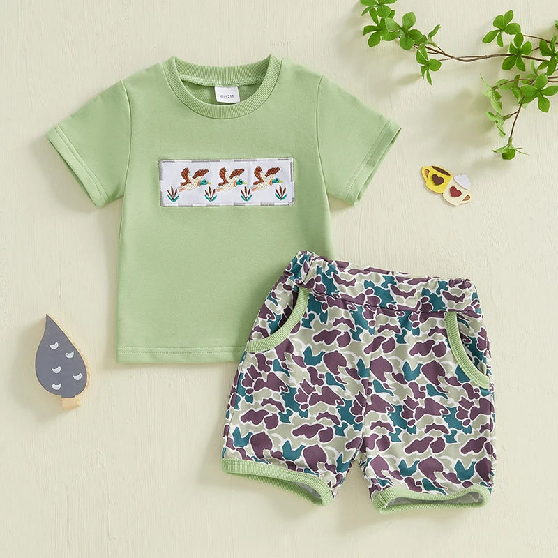 Baby Toddler Boys 2Pcs Summer Outfit Duck Embroidery Short Sleeve Top and Elastic Camouflage Shorts Set