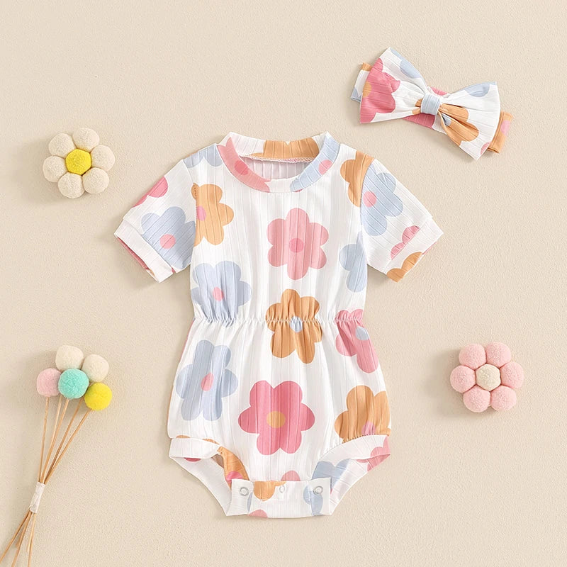 Baby Girls 2Pcs Casual Romper Short Sleeve O Neck Floral Flowers Strawberries Print Romper with Headband Set