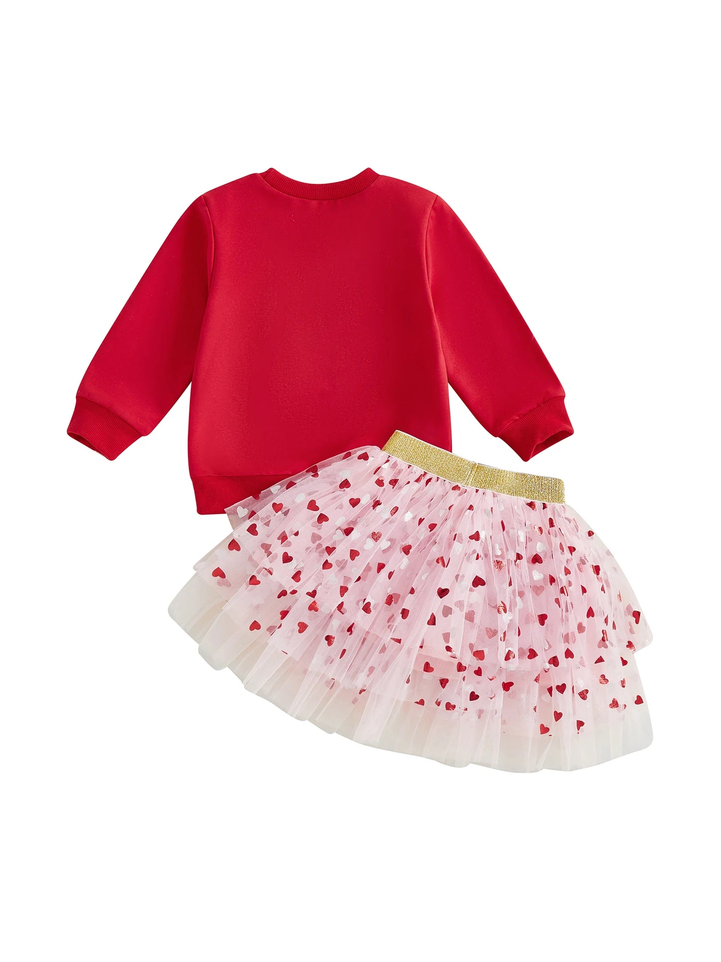 Baby Toddler Girls 2 Pcs XOXO Outfits Bow Letter Embroidery Long Sleeve Crew Neck Top and Heart Patterned Elastic Waist Tulle Tutu Skirt Set