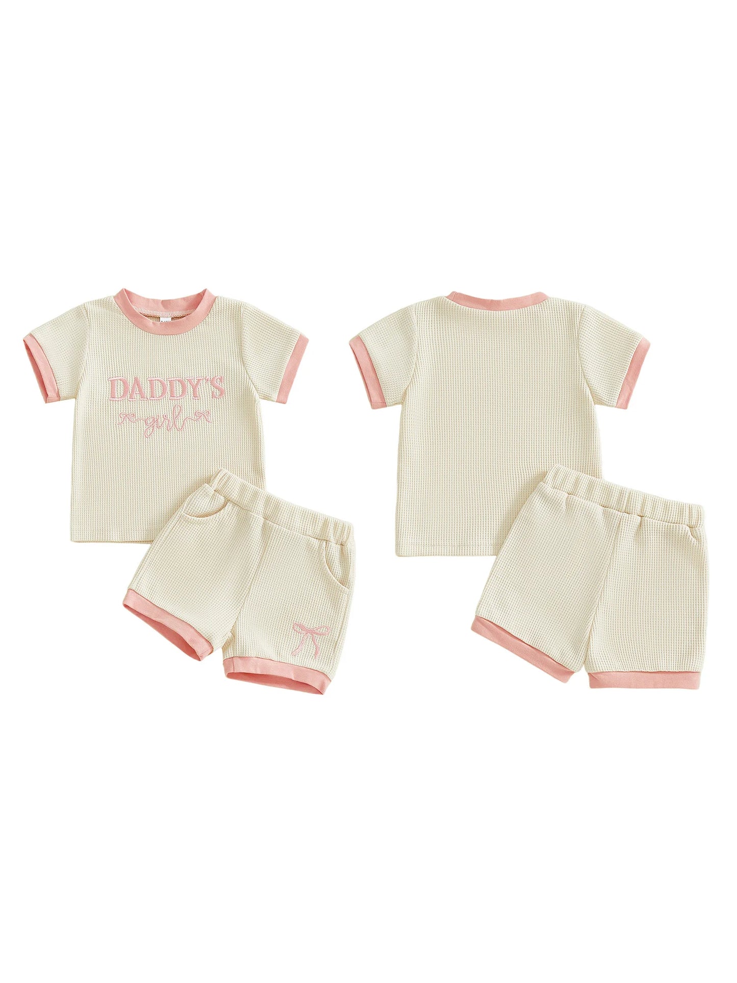 Baby Toddler Girls 2Pcs Daddy's Girl Clothing Set Cute Short Sleeve Letters Embroidery Top with Bow Shorts 2Pcs Outfit
