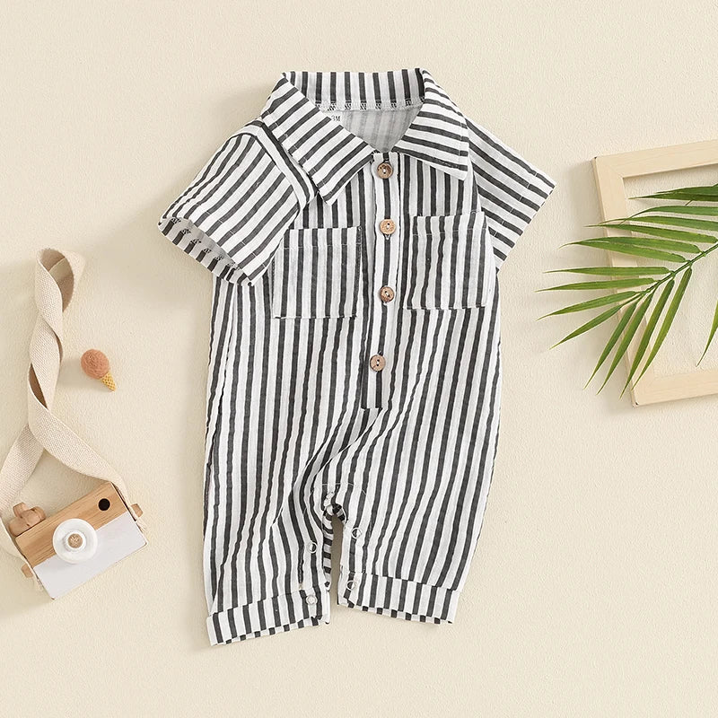 Baby Boy Striped Romper Short Sleeve Front Pocket Single-breasted Button Collar Legs Jumpsuit