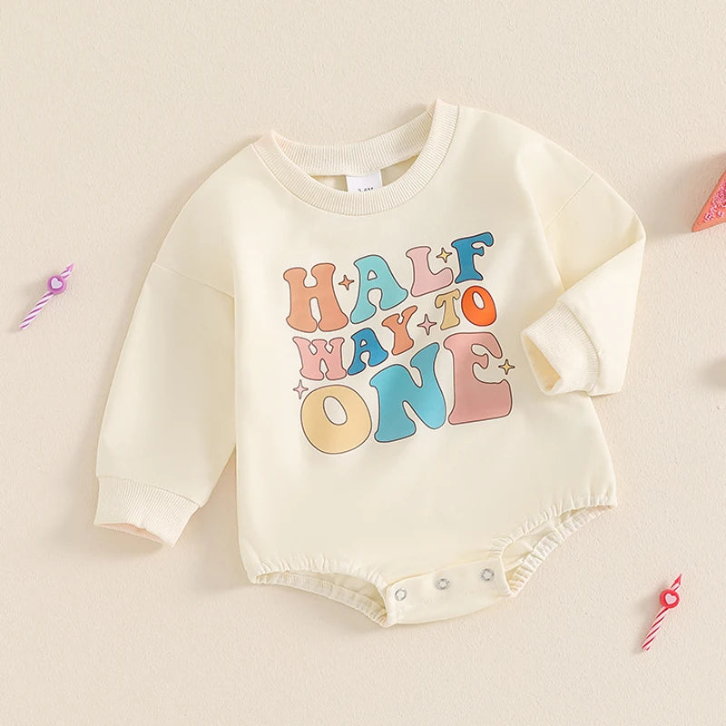 Baby Girls Boys Half Way To One Bubble Romper Half Birthday Clothes Letter Long Sleeve Fall Bodysuit