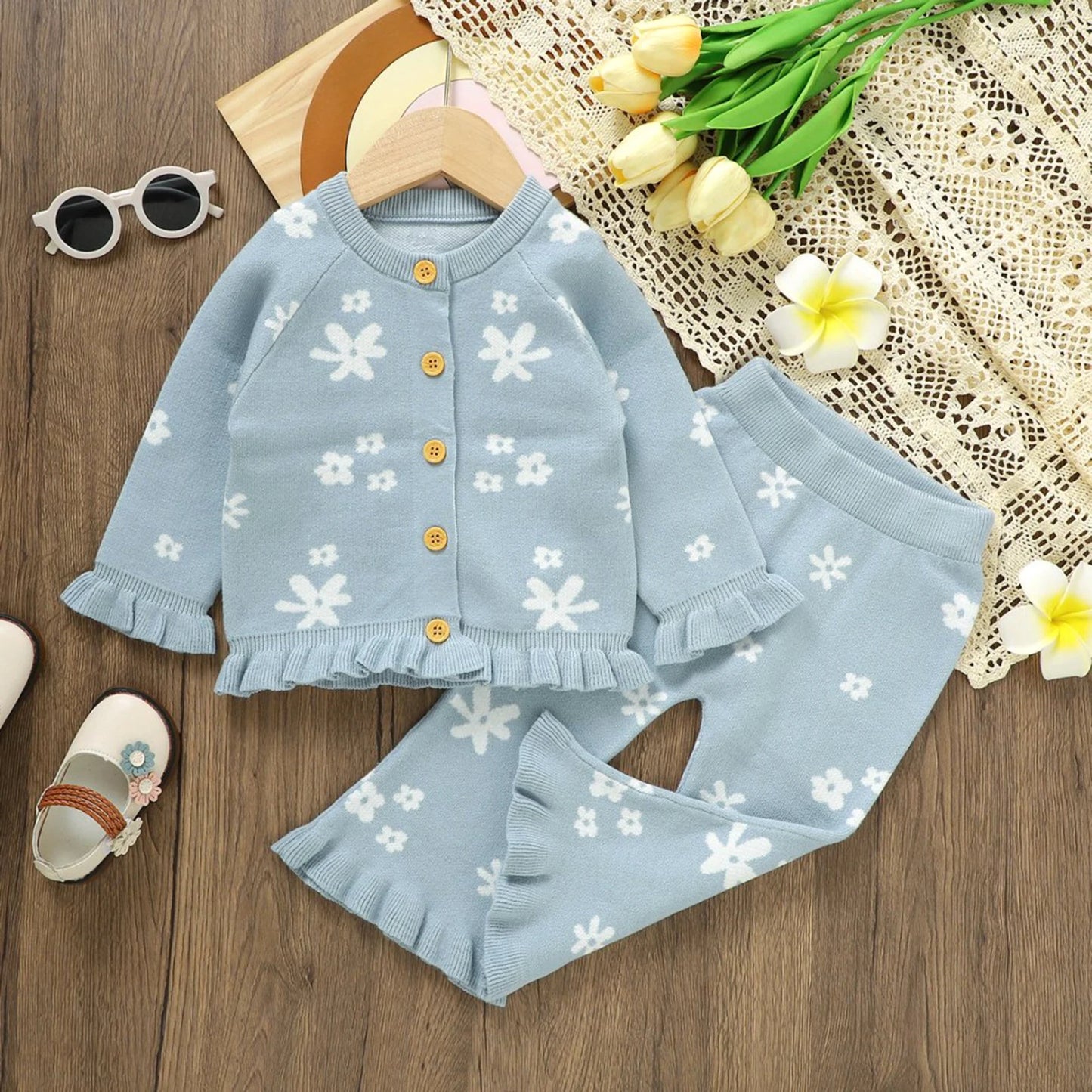 Baby Toddler Girl 2Pcs Fall Outfits Long Sleeve Floral Print Knit Cardigan Tops Flare Pants Set Toddler Clothes