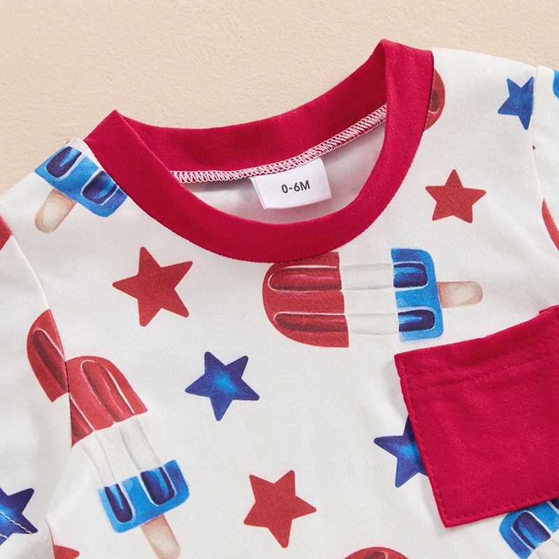 Baby Toddler Boy 2Pcs 4th of July Outfit Star Popsicle Print Short Sleeve Top with Pocket + Elastic Waist Shorts Independence Day Set