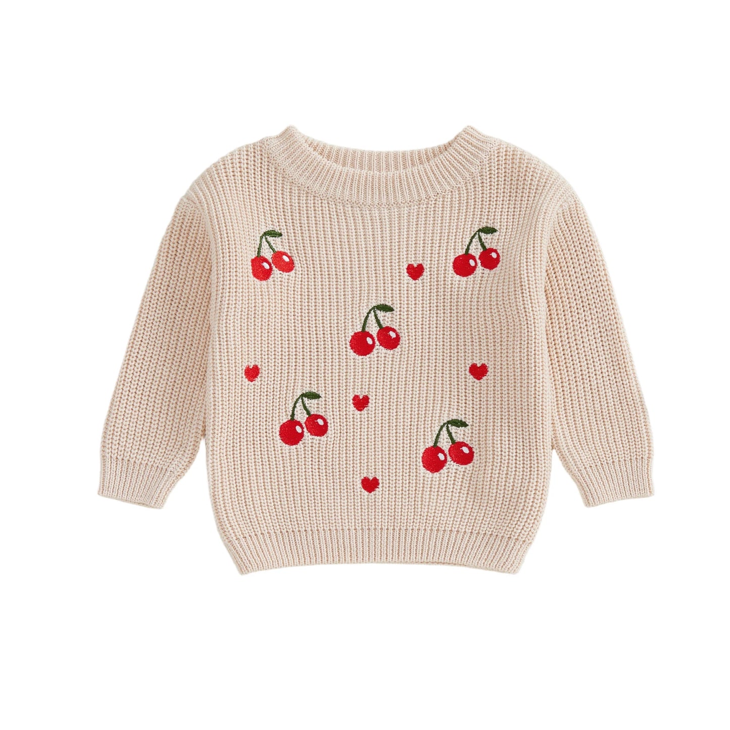 Toddler Kids Boys Girls Valentines Day Knit Sweater Fashionable Heart Cherry Embroidery Crew Neck Long Sleeve Tops