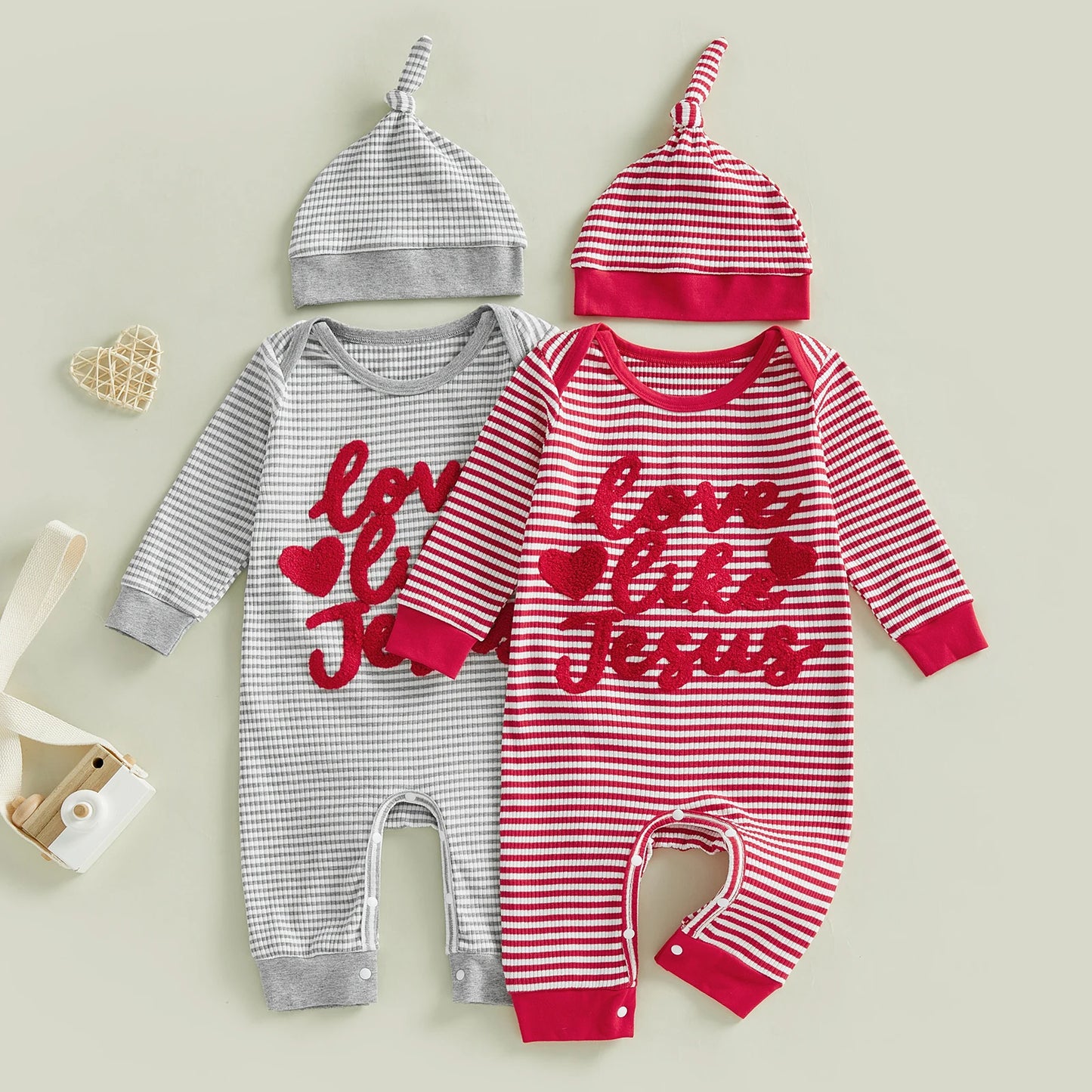 Baby Boys Girls 2Pcs Valentine's Day Romper Love Like Jesus Striped Heart Letter Embroidered Long Sleeve Jumpsuit Knotted Hat Set