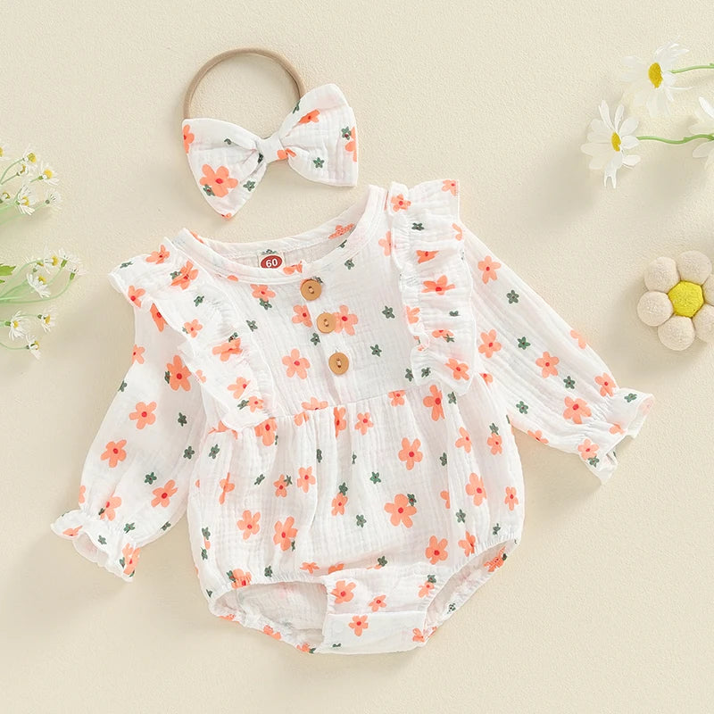 Baby Girl 2Pcs Outfit, Long Sleeve Crew Neck Floral Flowers Romper with Hairband Bow Set