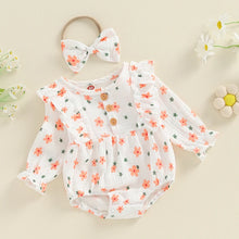 Load image into Gallery viewer, Baby Girl 2Pcs Outfit, Long Sleeve Crew Neck Floral Flowers Romper with Hairband Bow Set
