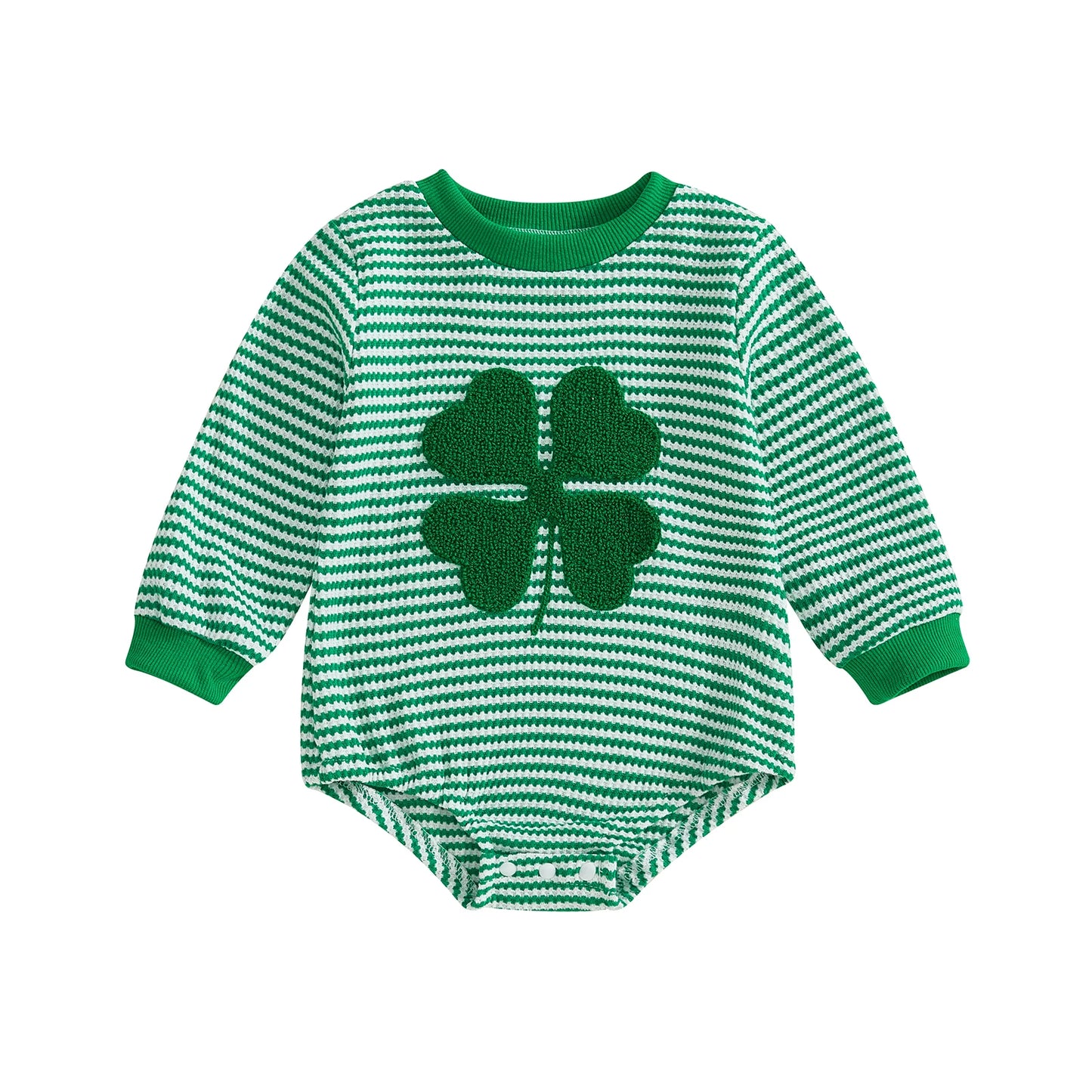 Baby Boys Girls Spring Romper Loose Fit Shamrock Embroidered Striped Crew Neck Long Sleeve Infant Jumpsuit St. Patrick's Day