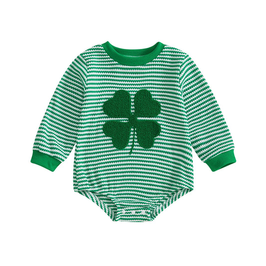 Baby Boys Girls Spring Romper Loose Fit Shamrock Embroidered Striped Crew Neck Long Sleeve Infant Jumpsuit St. Patrick's Day