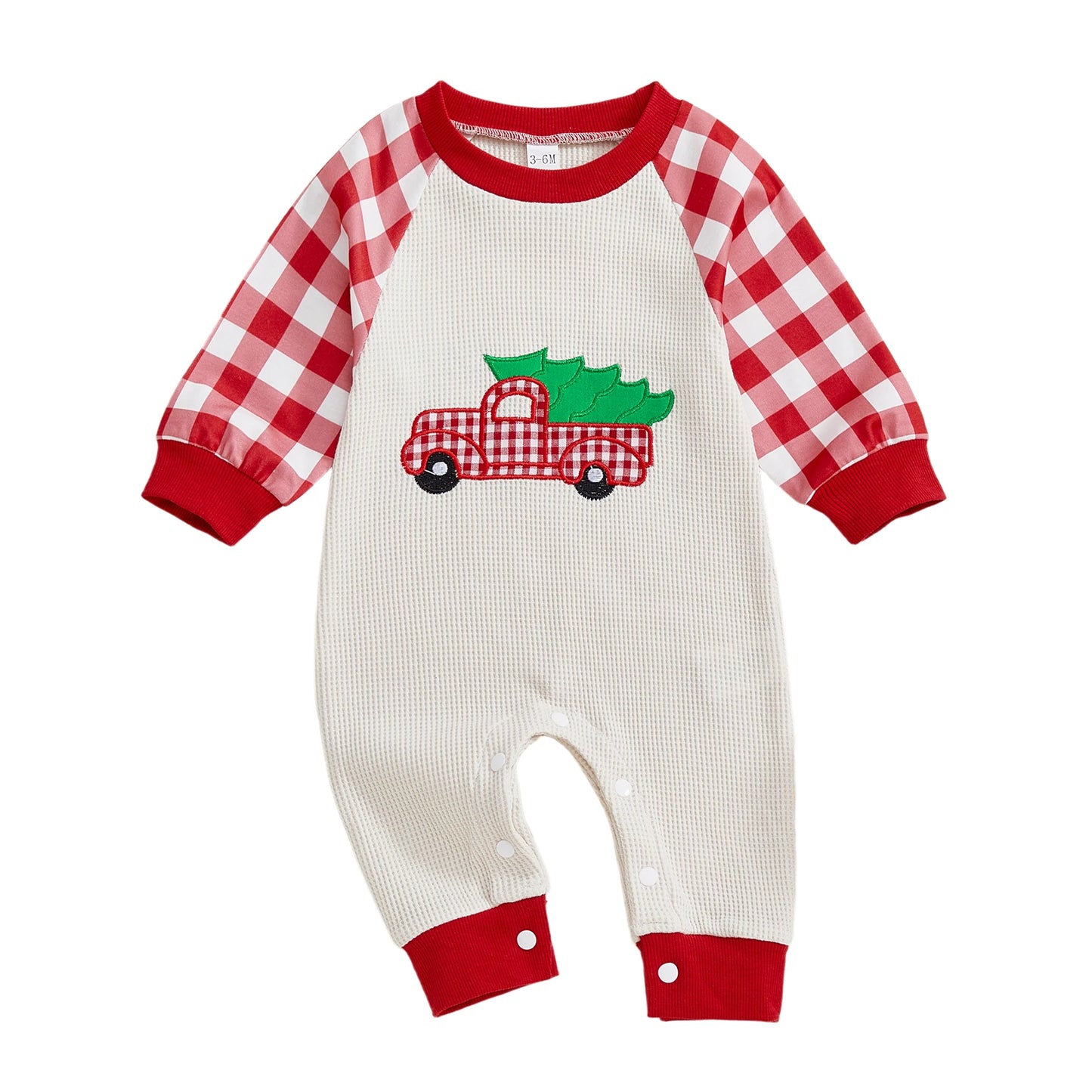 Baby Girl Boy Thanksgiving/Christmas Casual Jumpsuit Long Sleeve Round Neck Car Truck Pumpkin Christmas Tree Embroidery Plaid Romper
