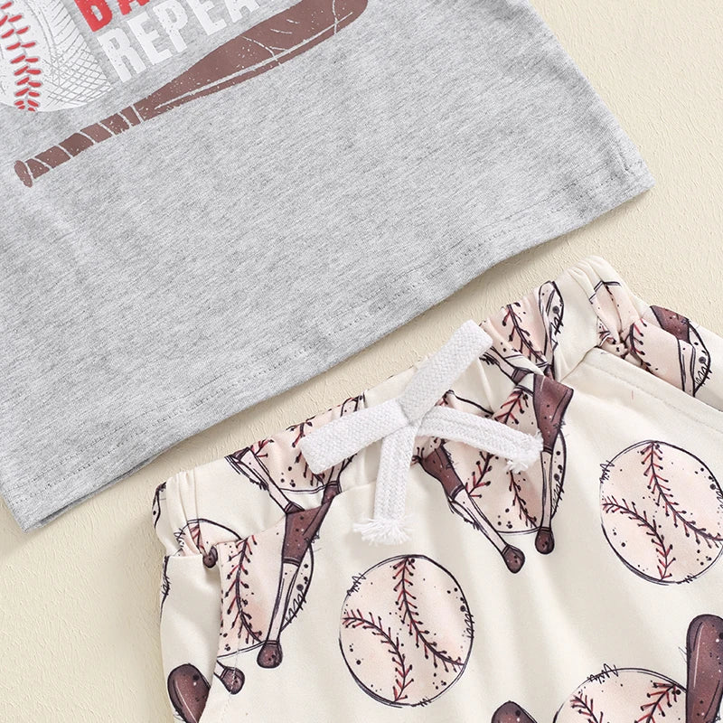 Baby Toddler Boys 2Pcs Eat Sleep Baseball Repeat Outfit Baseball Letter Print Short Sleeve Top and Elastic Shorts Clothes Set