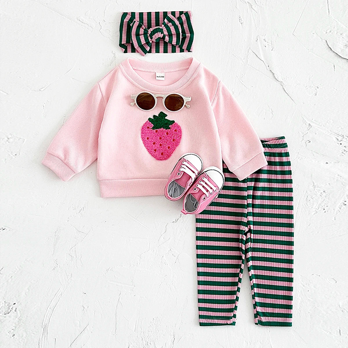 Baby Toddler Girls 3Pcs Set Strawberry Pullover Top Cotton Striped Pants Headband Outfit