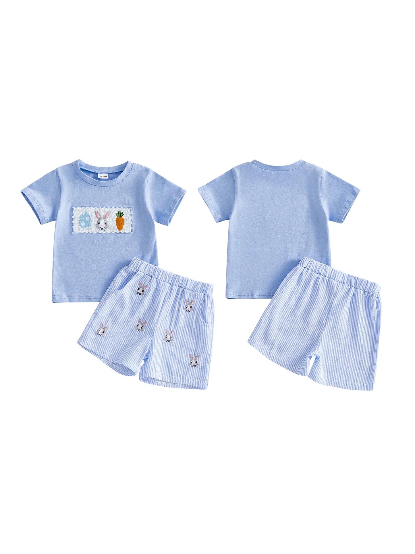 Baby Toddler Boys 2Pcs Easter Outfit Adorable Bunny Eggs Embroidery Short Sleeve Round Neck Top and Shorts Set