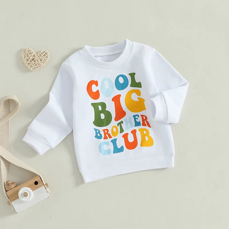 Toddler Kids Boys Cool Big Brother Club Fall Colorful Letter Print Long Sleeve Round Neck Pullover Loose Fall Top