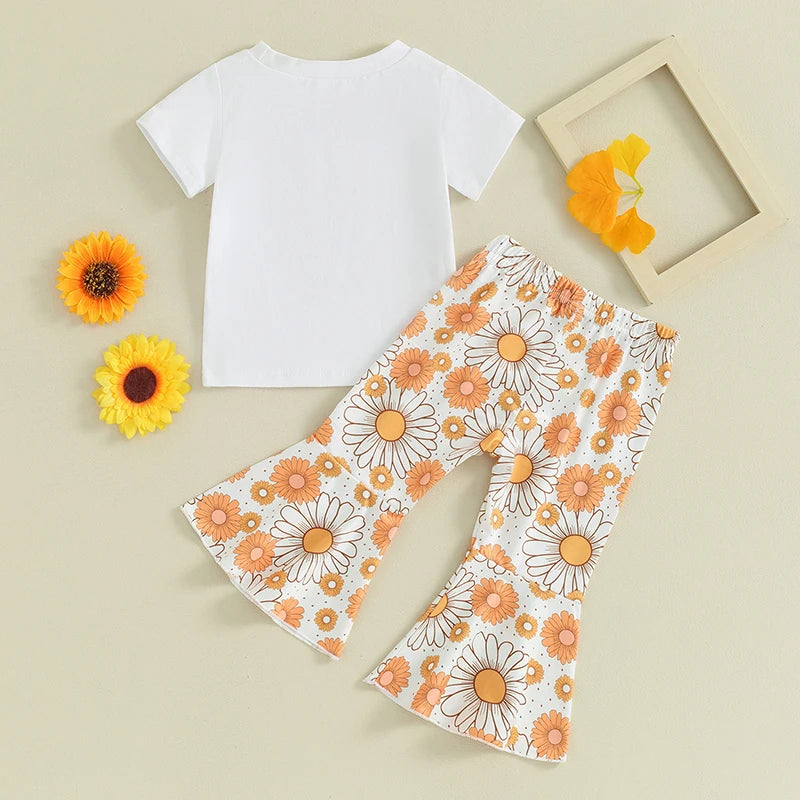 Toddler Kids Baby Girls 2Pcs In My Mama's Bestie Era Flowers Summer Clothes Letter Floral Print Short Sleeve T-shirts + Flare Pants Set Outfit