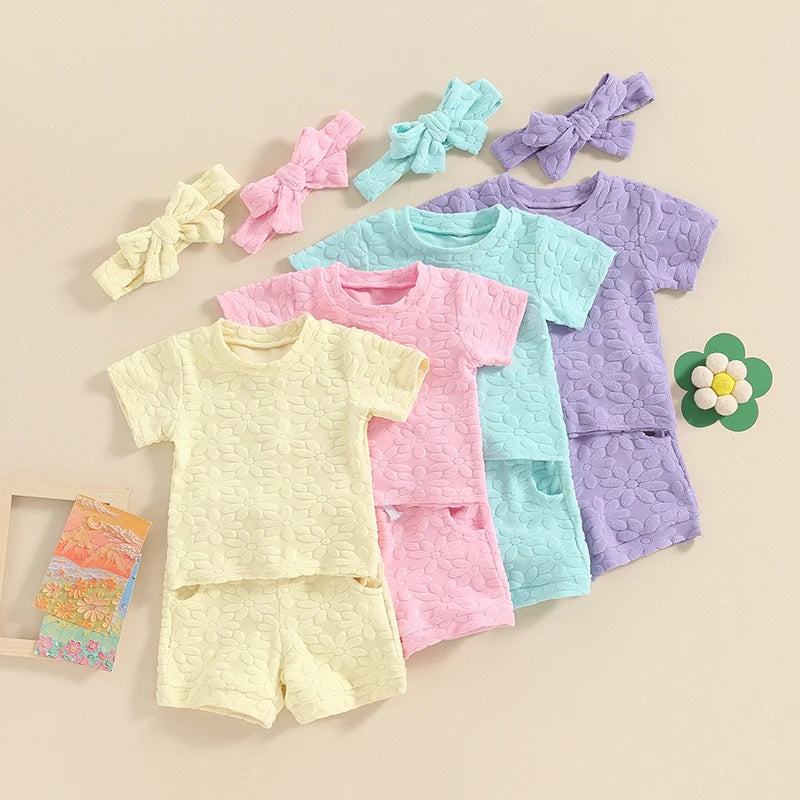 Baby Toddler Girls 3Pcs Flower Pattern Fabric Short Sleeve Top with Elastic Waist Shorts with Hairband Outfit Set