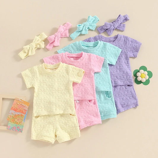 Baby Toddler Girls 3Pcs Flower Pattern Fabric Short Sleeve Top with Elastic Waist Shorts with Hairband Outfit Set