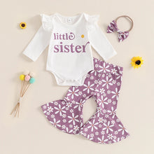 Load image into Gallery viewer, Baby Girls 3Pcs Little Sister Fall Set Frill Sleeve Letter Print Romper Floral Flower Flared Pants Headband Outfit
