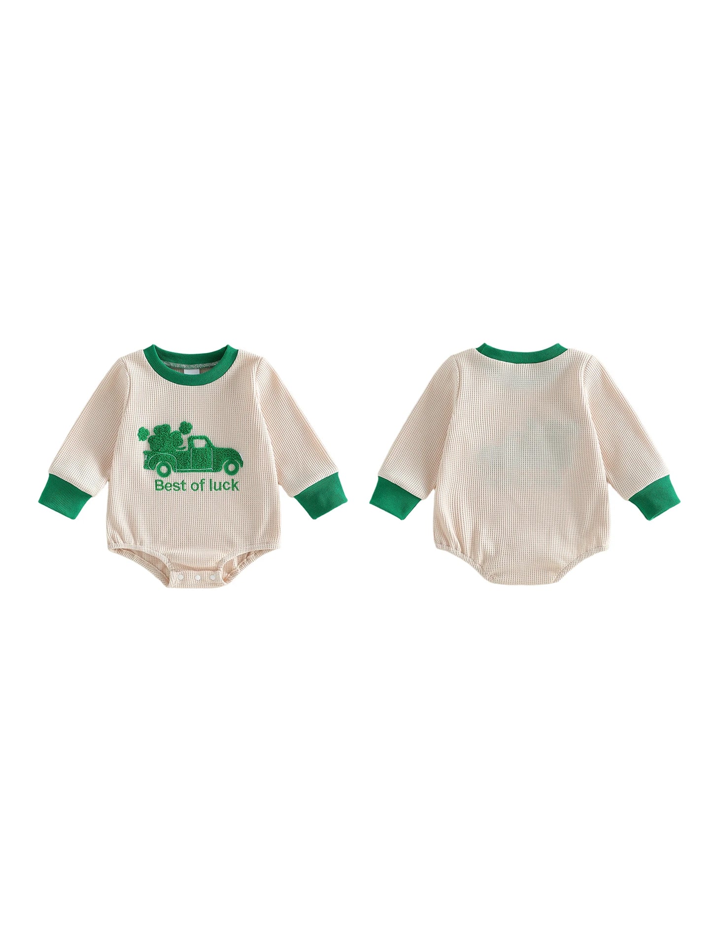 Baby Boy Romper Best of Luck Long Sleeve Round Neck Shamrock Truck Embroidery Bodysuit St. Patrick's Day Playsuit