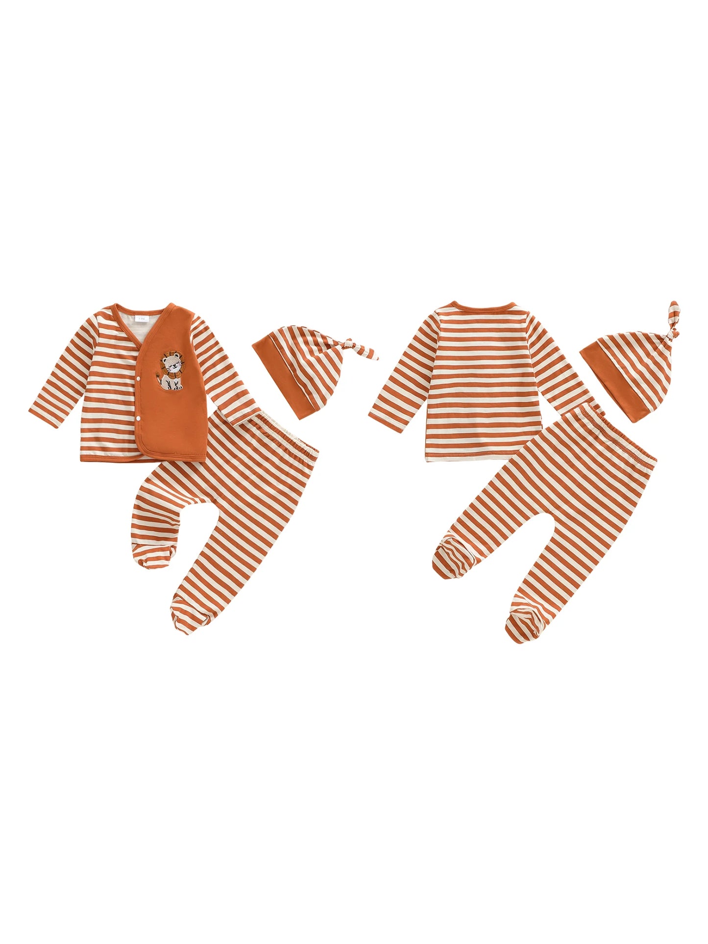 Baby Boys 3PCS Outfit Sets Long Sleeve Lion Embroidery Top Striped Pants Hat Set