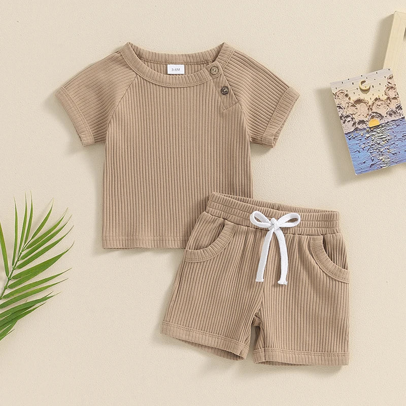 Baby Toddler Boys 2Pcs Summer Outfits Ribbed Solid Color Short Sleeve Top and Shorts Vacation Clothes Set