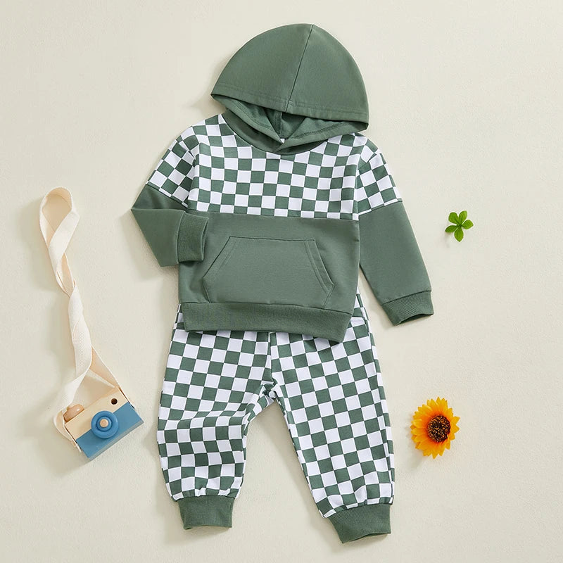 Baby Toddler Boys 2Pcs Outfit Checker Print Long Sleeve Hooded Top Hoodie with Elastic Waist Long Pants Jogger Set