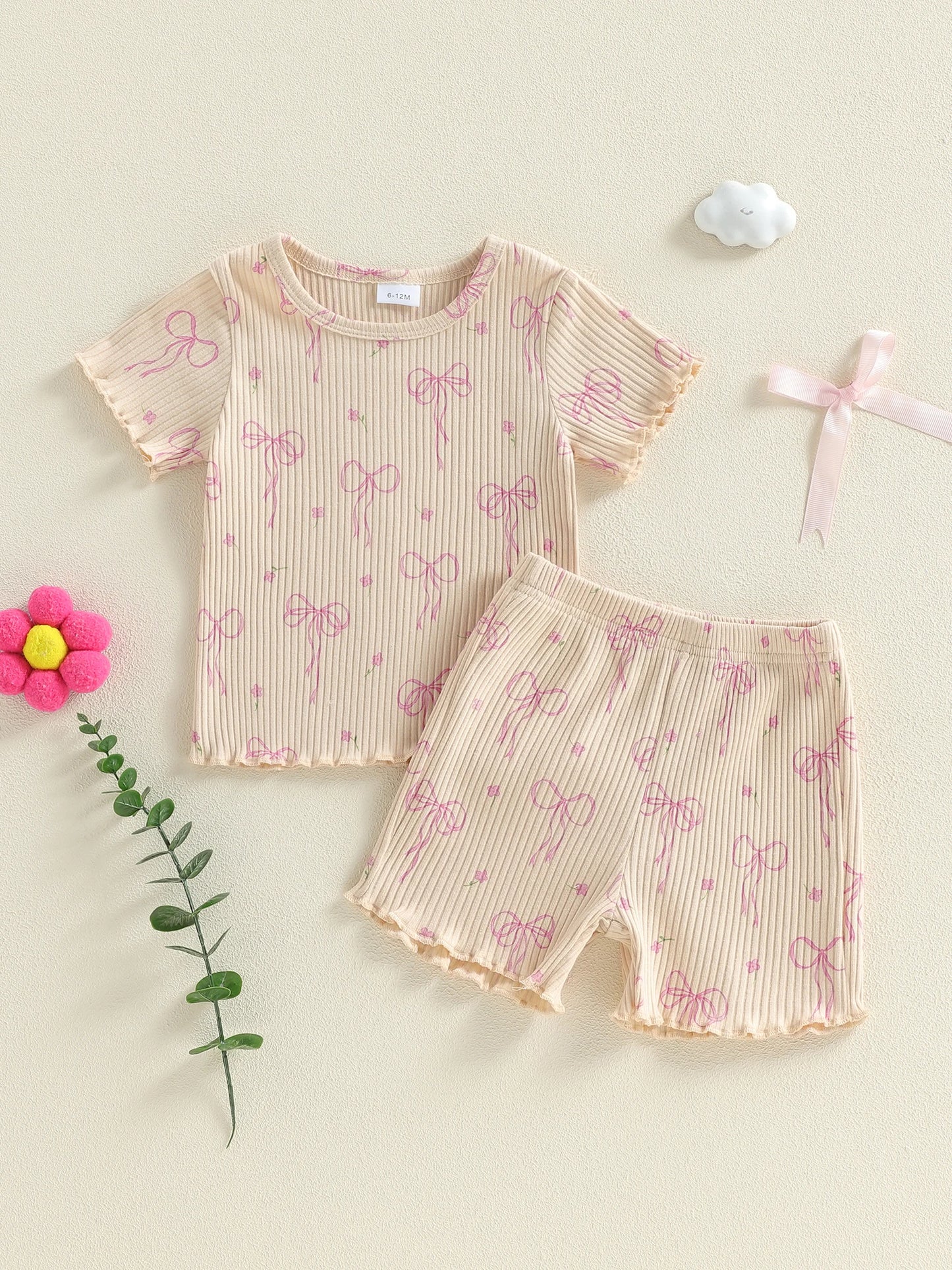 Baby Toddler Girls 2Pcs Clothing Set Fashionable Cute Bow Printed Short Sleeve Top with Shorts Outfit
