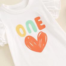 Load image into Gallery viewer, Baby Girls ONE Jumpsuit Fly Sleeve Crew Neck Letters Heart Print Birthday Romper
