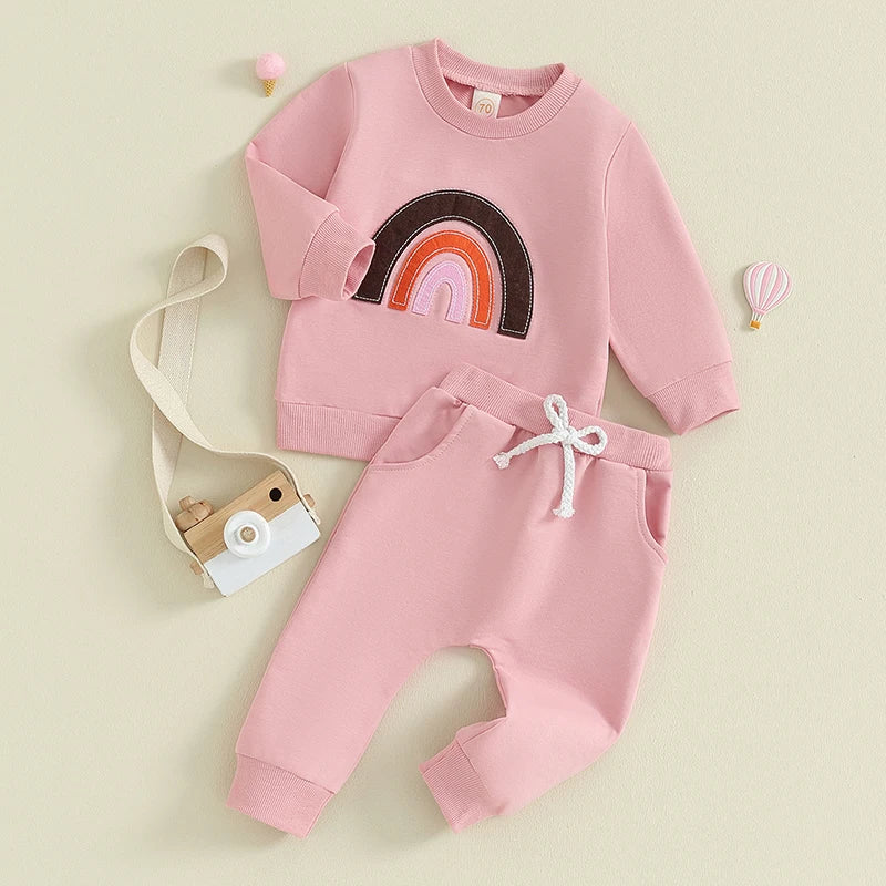 Baby Toddler Girls 2Pcs Outfit Long Sleeve Crew Neck Rainbow Top with Elastic Waist Jogger Pants Set