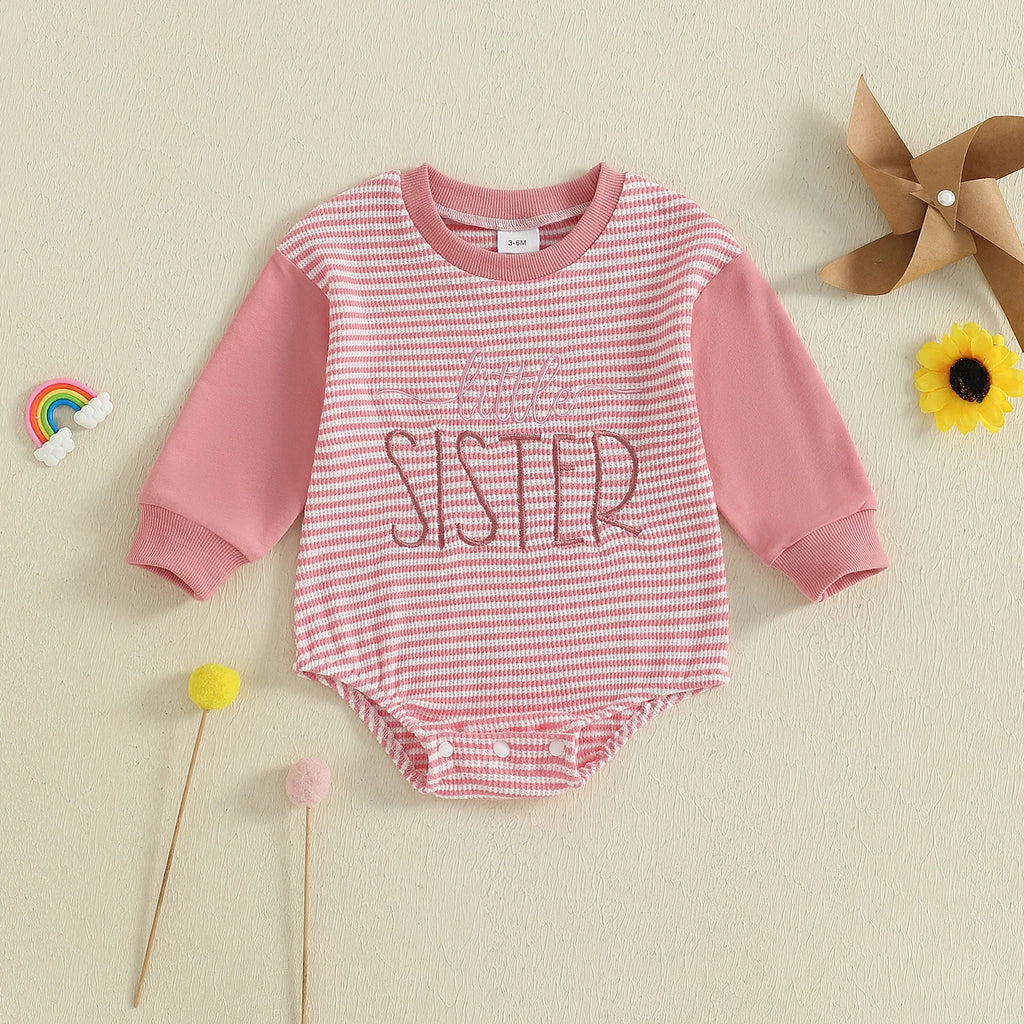 Baby Boys Girls Fall Romper Stripe Letter Little Brother Sister Embroidery Long Sleeve Crew Neck Bubble Jumpsuit