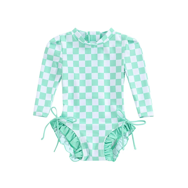 Baby Toddler Girls Beach Swimwear Long Sleeve Checkerboard Plaid Print Ruffle Romper Bathing Suit