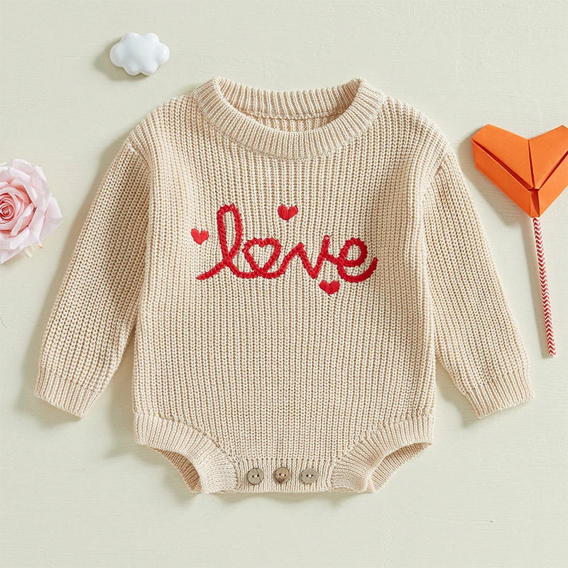 Baby Girl Boy Love Valentine’s Day Romper Long Sleeve O-Neck Letter Embroidery Knit Jumpsuit Sweater Bodysuit