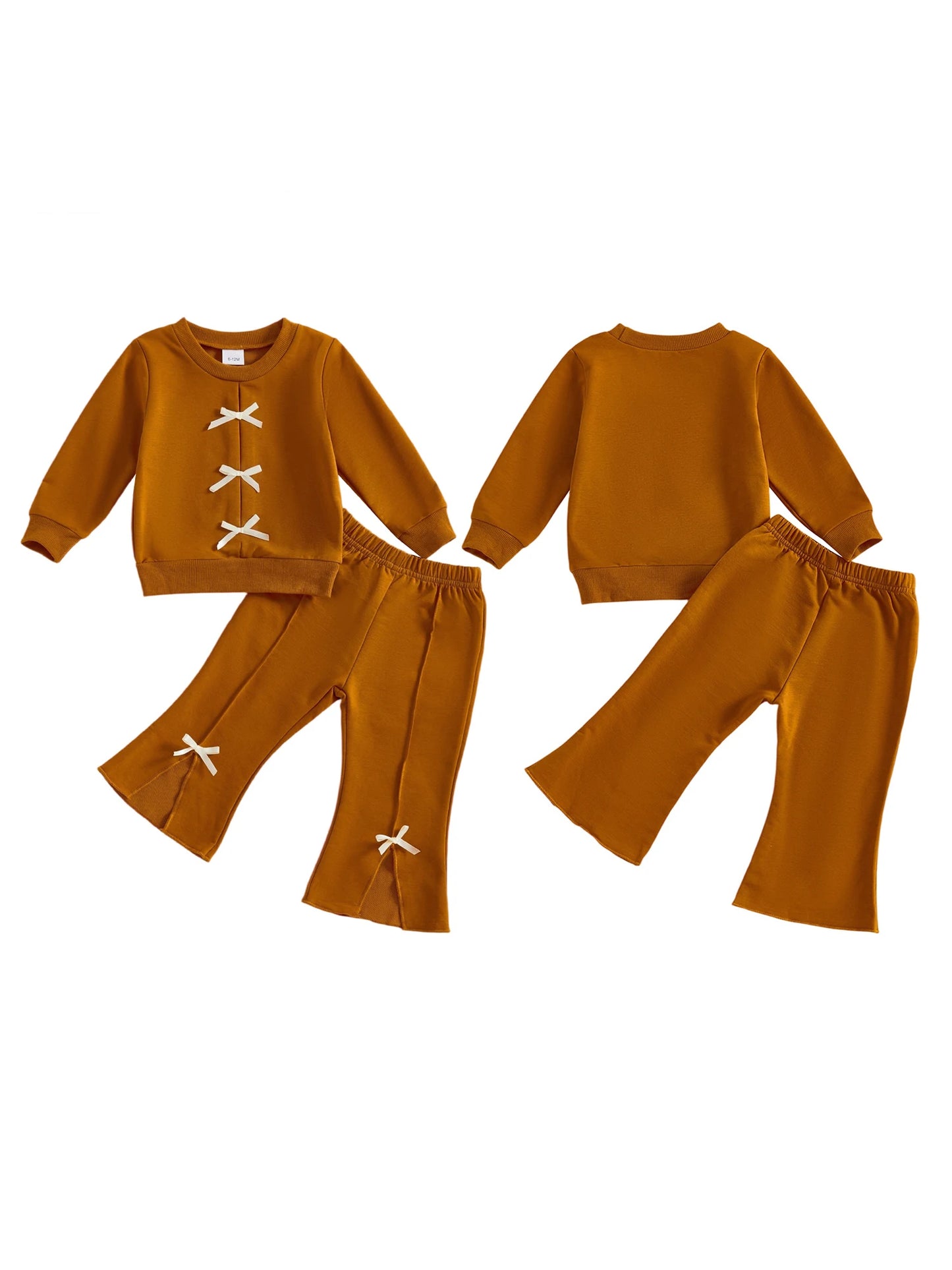 Baby Toddler Girl 2Pcs Fall Outfit Bow Decor Long Sleeve Round Neck Pullover Top + Elastic Waist Flare Pants 2Pcs Set